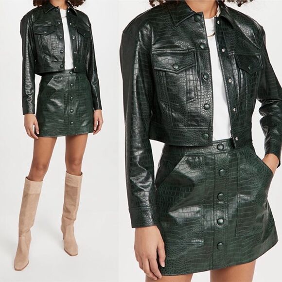 Veronica Beard Hendrix Croc Embossed Faux Leather Jacket Evergreen Green Size 2 - Picture 1 of 13